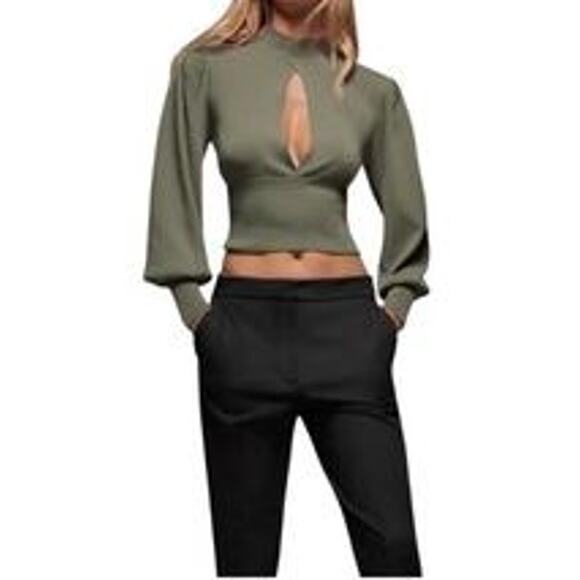 Zara Womens Small Sweater Top Crop Gray Green Keyhole Puff Sleeves Mock Neck - Picture 2 of 10